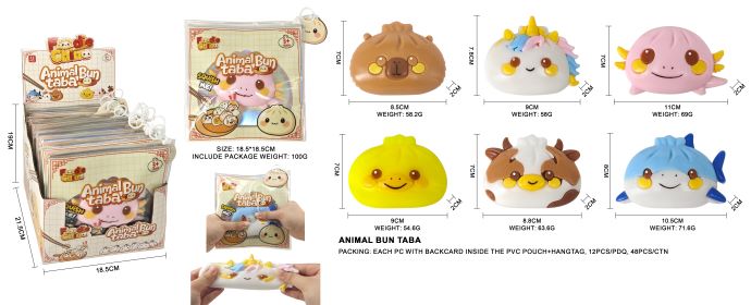ANIMAL BUN TABA SQUISHY (Animaletti Ravioli) 10cm (In busta – PVC Pouch 15×15 cm) c/backcard In espo da 12pz 6ass…x12…x48